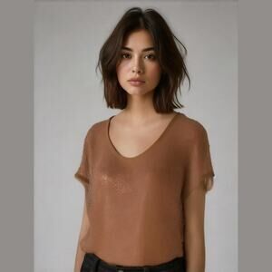 H&M Brown Sequin Crop Top Frayed Edge Short Sleeve Oversize Pullover S